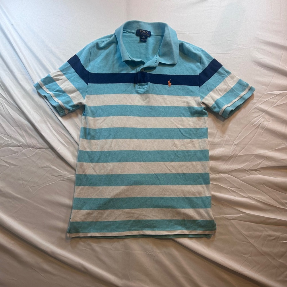 Polo Ralph Lauren Boys XL 18-20 Striped Polo Shirt Blue White Orange Pony